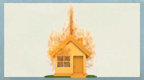 An illustration of a house on fire.