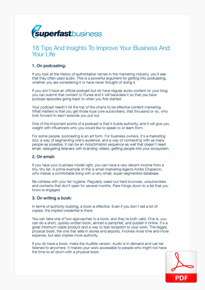 A thumbnail of 18 tips and insights to improve your business and your life.