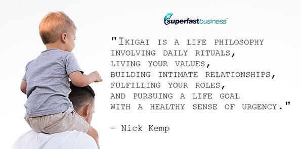Nick Kemp says ikigai is a life philosophy involving daily rituals, living your values, building intimate relationships, fulfilling your roles, and pursuing a life goal with a healthy sense of urgency.